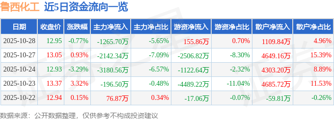 股票行情快报：鲁西化工（000830）10月28日主力资金净卖出1265.70万元