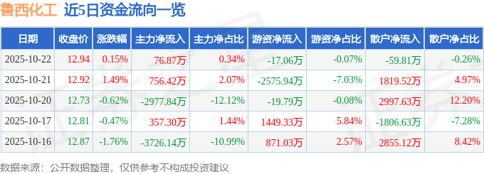 股票行情快报：鲁西化工（000830）10月22日主力资金净买入76.87万元