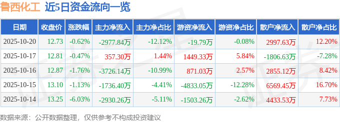 股票行情快报：鲁西化工（000830）10月20日主力资金净卖出2977.84万元
