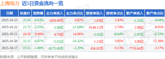 股票行情快报：上海电力（600021）10月23日主力资金净买入1859.90万元