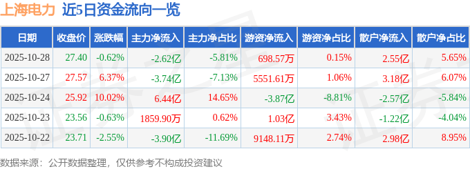股票行情快报：上海电力（600021）10月28日主力资金净卖出2.62亿元