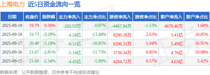 股票行情快报：上海电力（600021）9月19日主力资金净卖出202.53万元