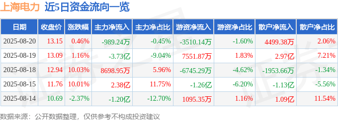股票行情快报：上海电力（600021）8月20日主力资金净卖出989.24万元