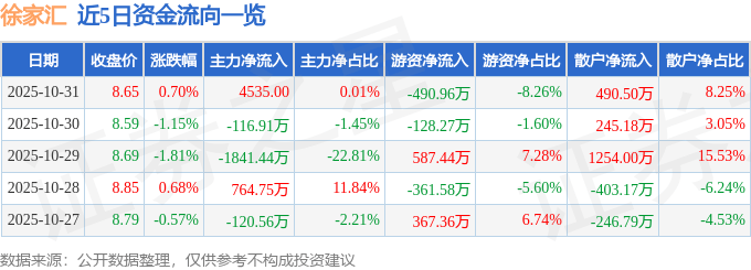 股票行情快报：徐家汇（002561）10月31日主力资金净买入4535.00元