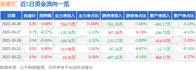 股票行情快报：徐家汇（002561）10月28日主力资金净买入764.75万元