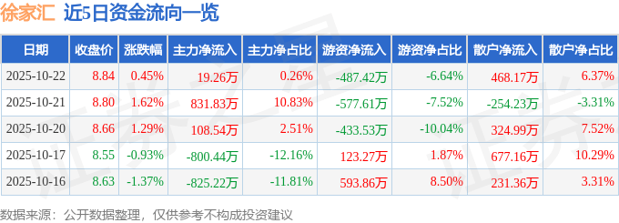股票行情快报：徐家汇（002561）10月22日主力资金净买入19.26万元