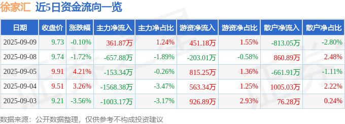 股票行情快报：徐家汇（002561）9月9日主力资金净买入361.87万元