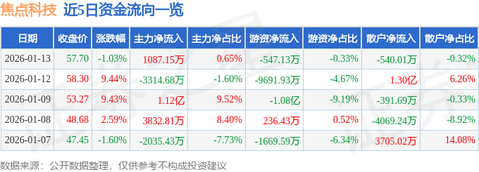 股票行情快报：焦点科技（002315）1月13日主力资金净买入1087.15万元